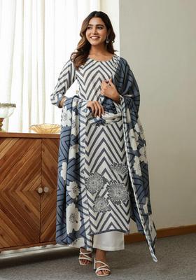 White Printed Rayon Kurta Set