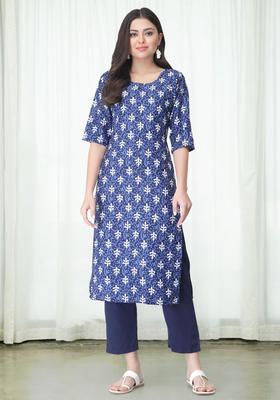 Navy Blue Printed Crepe Kurta Set