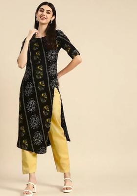 Black Printed Crepe Kurta Set