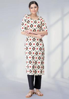 White Printed Crepe Kurta Set