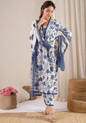 White Floral Print Cotton Anarkali Set