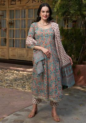 Green Floral Print Cotton Kurta Set