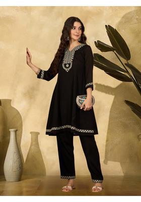 Black Embroidery Silk Anarkali Set