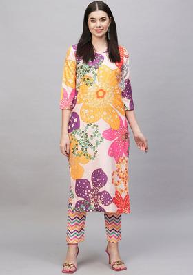 White Floral Print Rayon Kurta Set