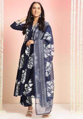 Blue Floral Print Rayon Anarkali Set