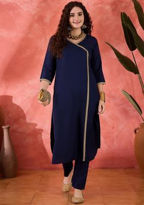 Navy Blue Embroidery Silk Kurta Set