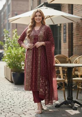 Maroon Floral Print Rayon Kurta Set