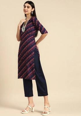 Navy Blue Printed Crepe Kurta Set