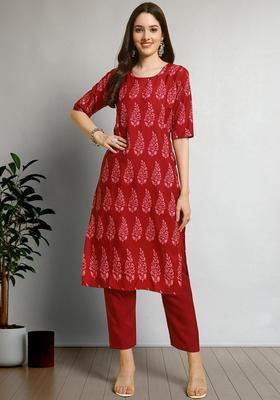 Red Floral Print Crepe Kurta Set