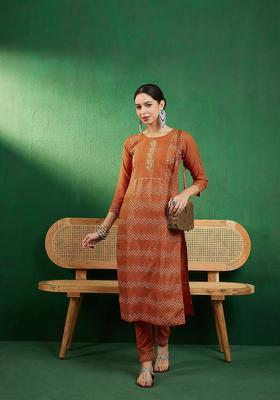 Rust Printed Silk Kurta Set