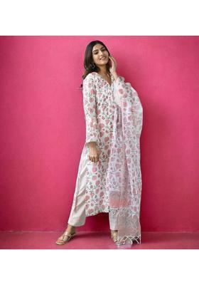 Off White Floral Print Rayon Kurta Set