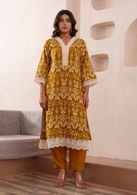 Mustard Printed Rayon Kurta Set