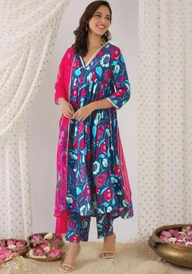 Blue Floral Print Cotton Anarkali Set