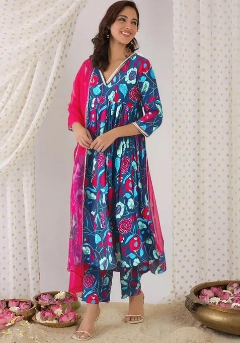 Blue Floral Print Cotton Anarkali Set — view on Indya
