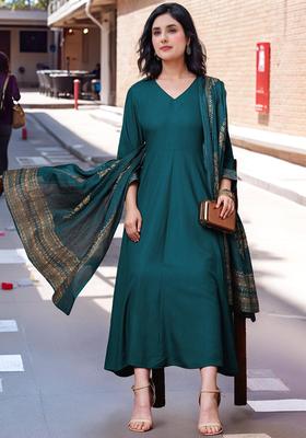 Green Printed Rayon Anarkali Set