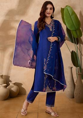 Blue Embroidery Silk Kurta Set