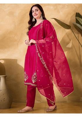 Rani Pink Embroidery Silk Kurta Set