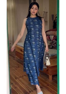 Indigo Blue Floral Print Rayon Kurta Set