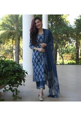 Indigo Blue Floral Print Rayon Kurta Set