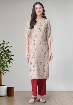 Beige Floral Print Crepe Kurta Set
