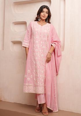 Pink Floral Print Cotton Anarkali Set
