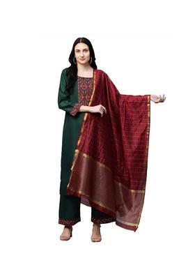 Bottle Green Embroidery Rayon Kurta Set