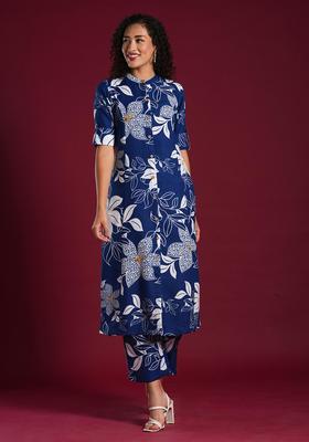 Blue Floral Print Rayon Kurta Set