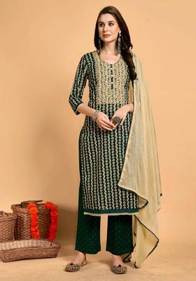 Green Embroidery Cotton Kurta Set
