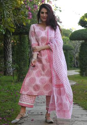 Pink Printed Cotton Kurta Set