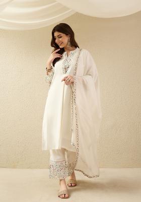Off White Embroidery Silk Kurta Set