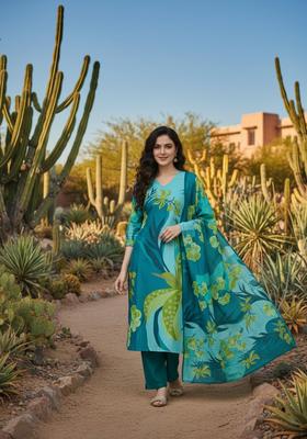 Blue Floral Print Polyester Kurta Set