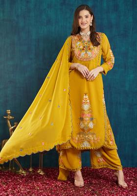 Mustard Yellow Embroidery Georgette Palazzo Set