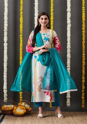 Off White Floral Print Rayon Kurta Set