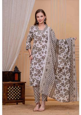 Grey Floral Print Cotton Kurta Set