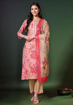 Pink Floral Print Cotton Kurta Set
