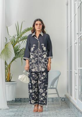 Black Embroidery Silk Co-Ord Set