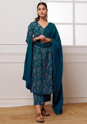 Teal Green Floral Print Rayon Anarkali Set