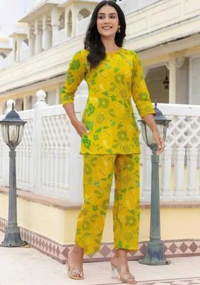 Bright Yellow Floral Print Cotton Co-Ord Set