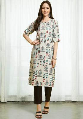 White Floral Print Crepe Kurta Set
