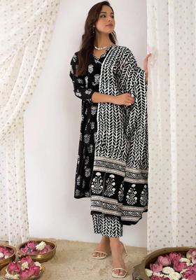 Black Floral Print Cotton Anarkali Set