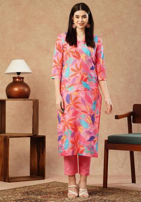 Bright Coral Pink Floral Print Rayon Kurta Set