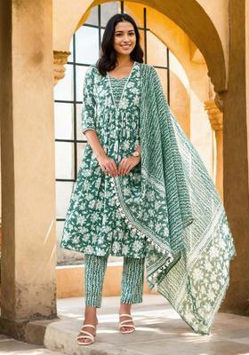 Green Floral Print Cotton Anarkali Set