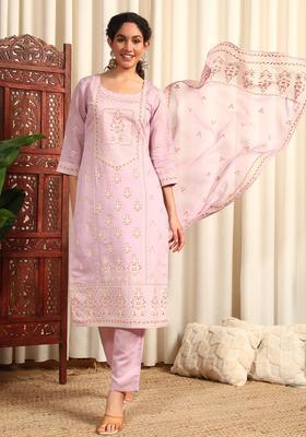 Pink Printed Silk Blend Kurta Set