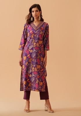 Deep Purple Printed Cotton Kurta Set