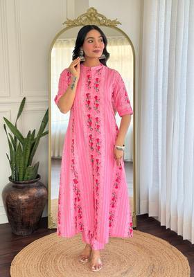 Peach Floral Print Rayon Anarkali Set