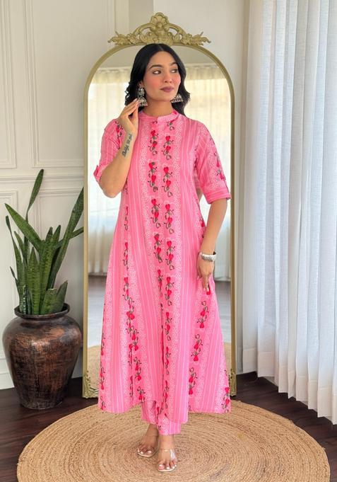 Peach Floral Print Rayon Anarkali Set — view on Indya