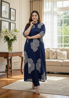 Blue Floral Print Rayon Kurta Set