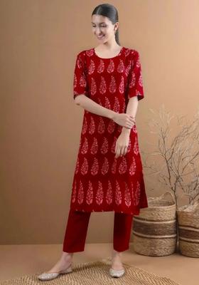 Red Printed Crepe Kurta Set