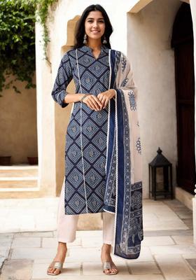 Navy Blue Geometric Cotton Kurta Set
