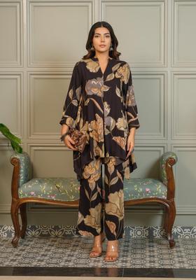 Black Floral Print Viscose Co-Ord Set